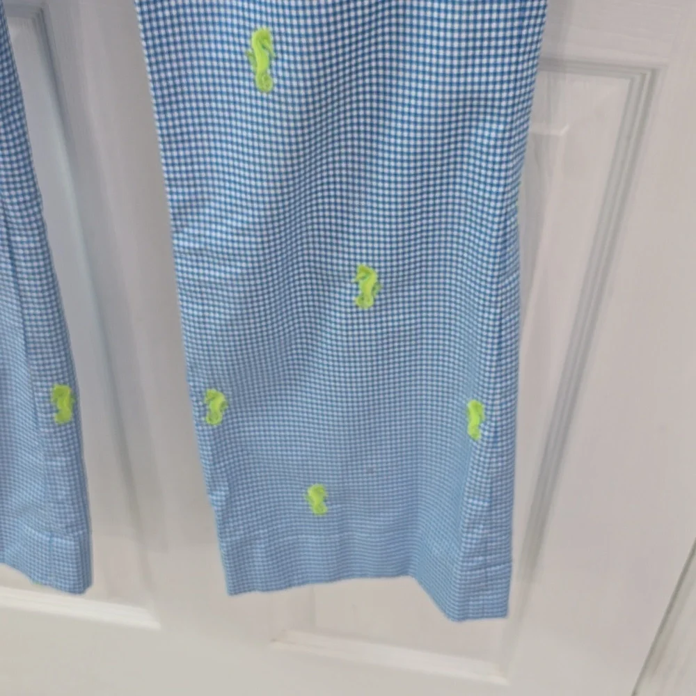 J. Crew Women's Blue Gingham Embroidered Seahorse Flare Stretch Pants Size 2